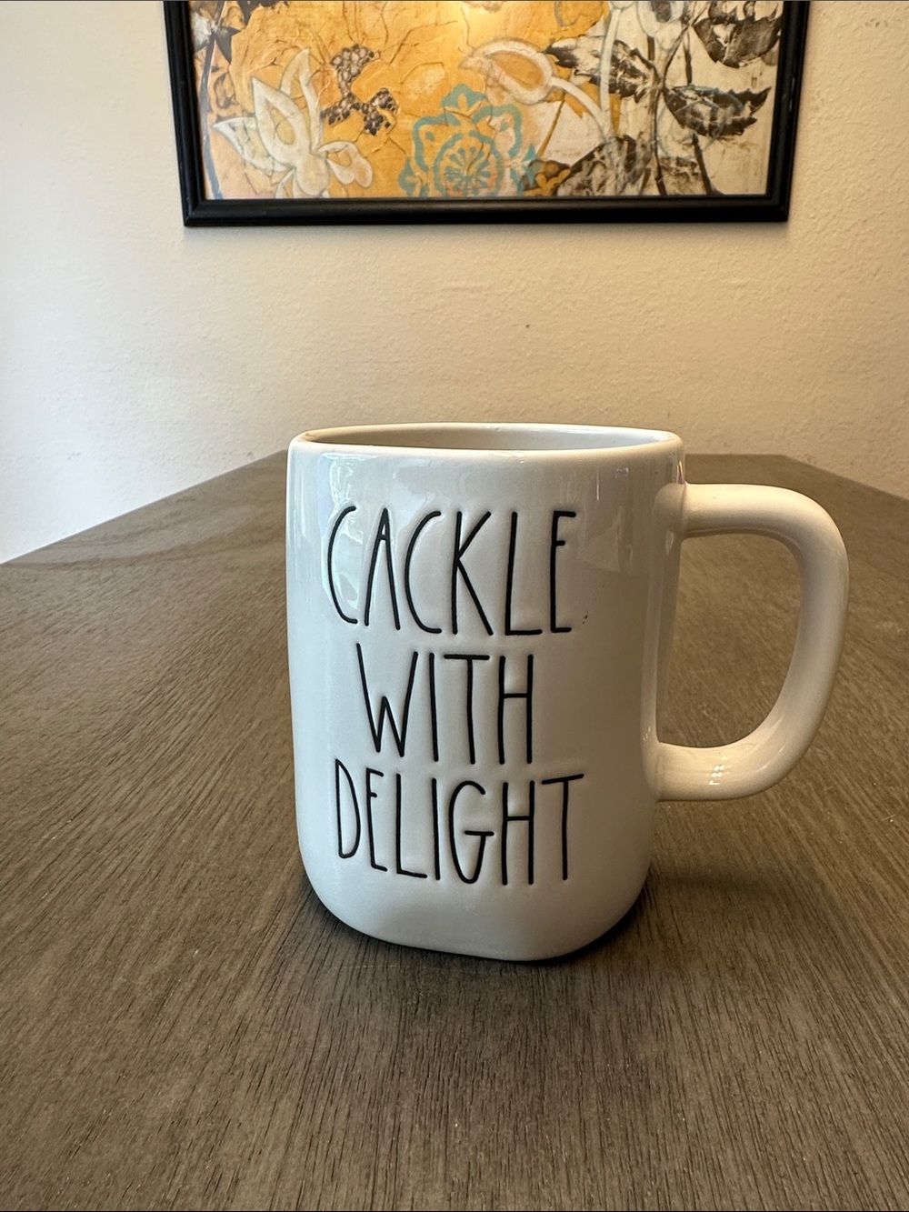Rae Dunn White Ceramic Mug with Black Lettering - "CACKLE WITH DELIGHT"